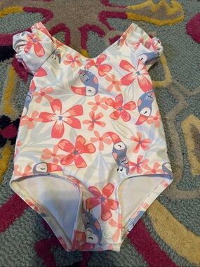 Carter's Coral Pink and Blue Floral Toucan One-Piece Swimsuit